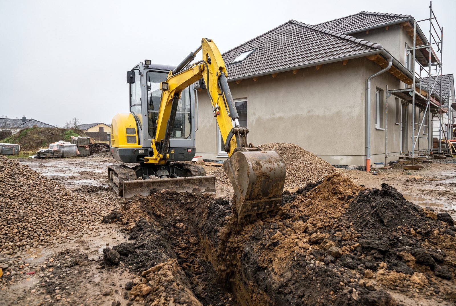 Bagger bei Erdarbeiten auf einer Baustelle